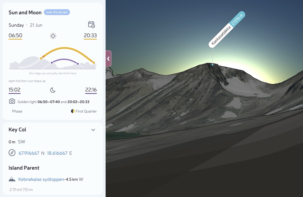 PeakVisor Panorama 3D at Tarfalatjåkko on 21 June, showing terrain sunset at 20:33 while the open horizon Sun stays up