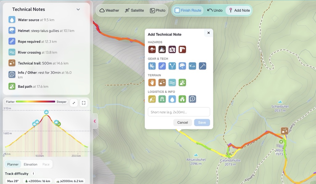 Ski touring route with technical notes showing avalanche, crevasse, and turnaround points on the winter map.