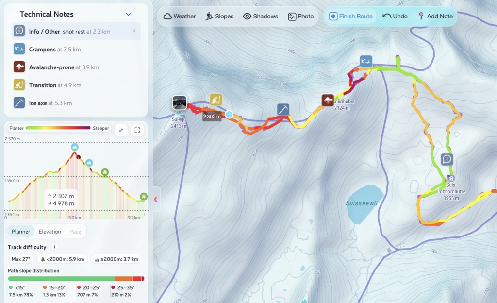 Ski touring route with technical notes showing avalanche, crevasse, and turnaround points on the winter map.
