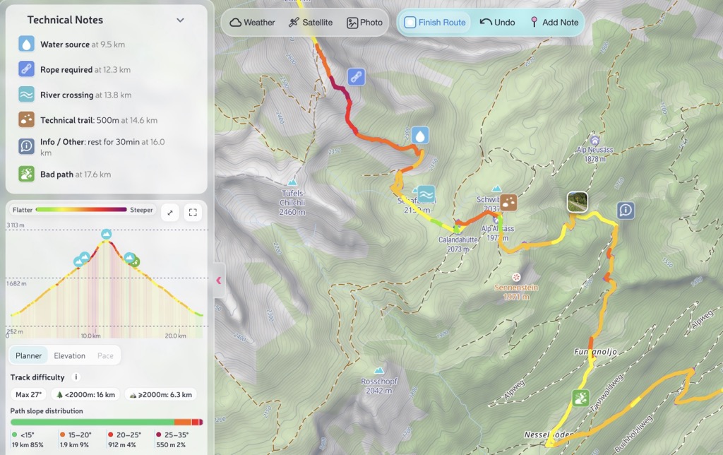 Summer hiking route with technical notes for scrambling, river crossing, water source, and hut on the hiking map.