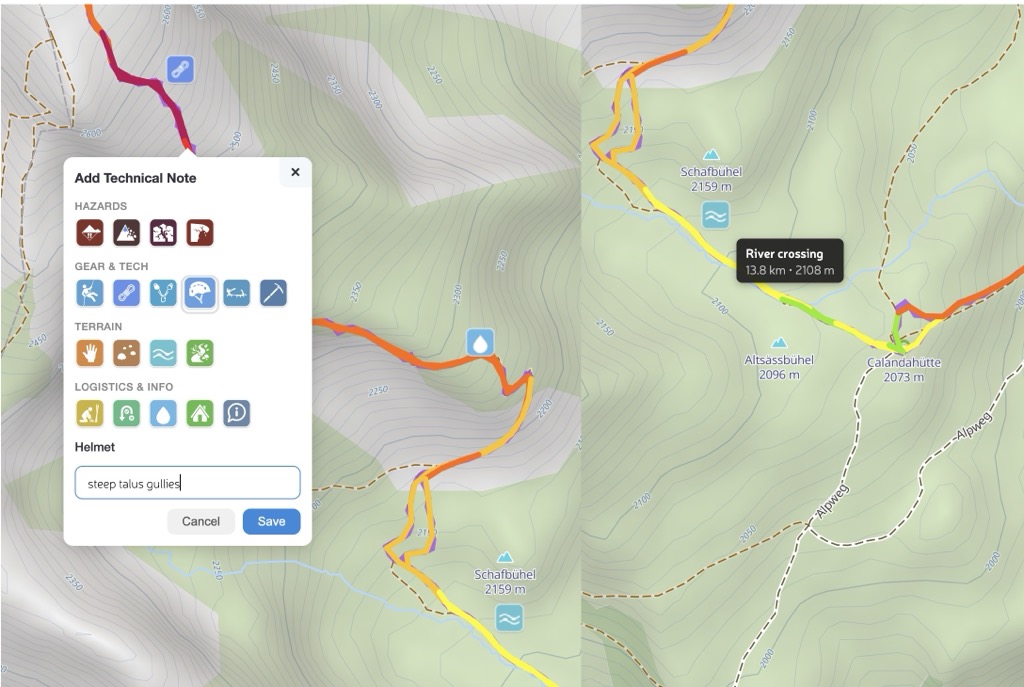 Technical note editor popup with tag grid and text input.