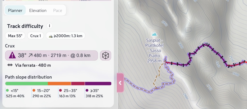 The crux of the route, with a note underneath that it runs along a via ferrata