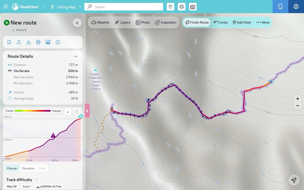 A route up the Oscar Schuster via ferrata on Sassopiatto, with the ferrata section marked by cross ticks and listed in Route Details