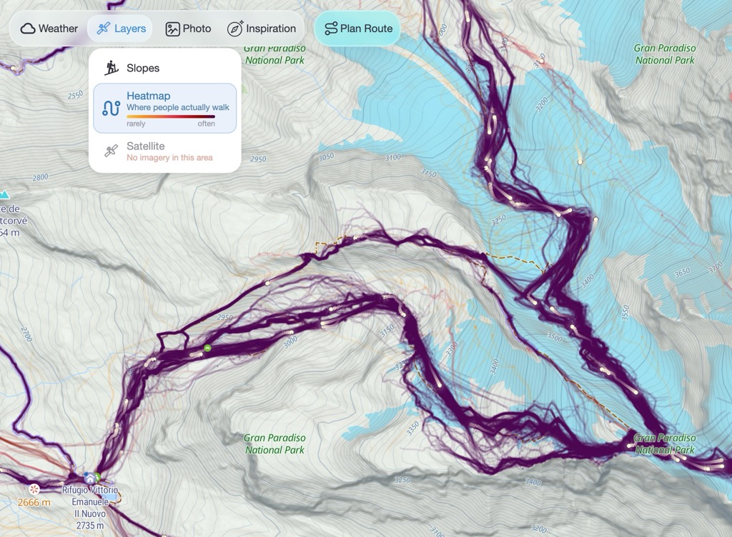 Recorded tracks on the Gran Paradiso glacier, spreading into a wide fan below the summit
