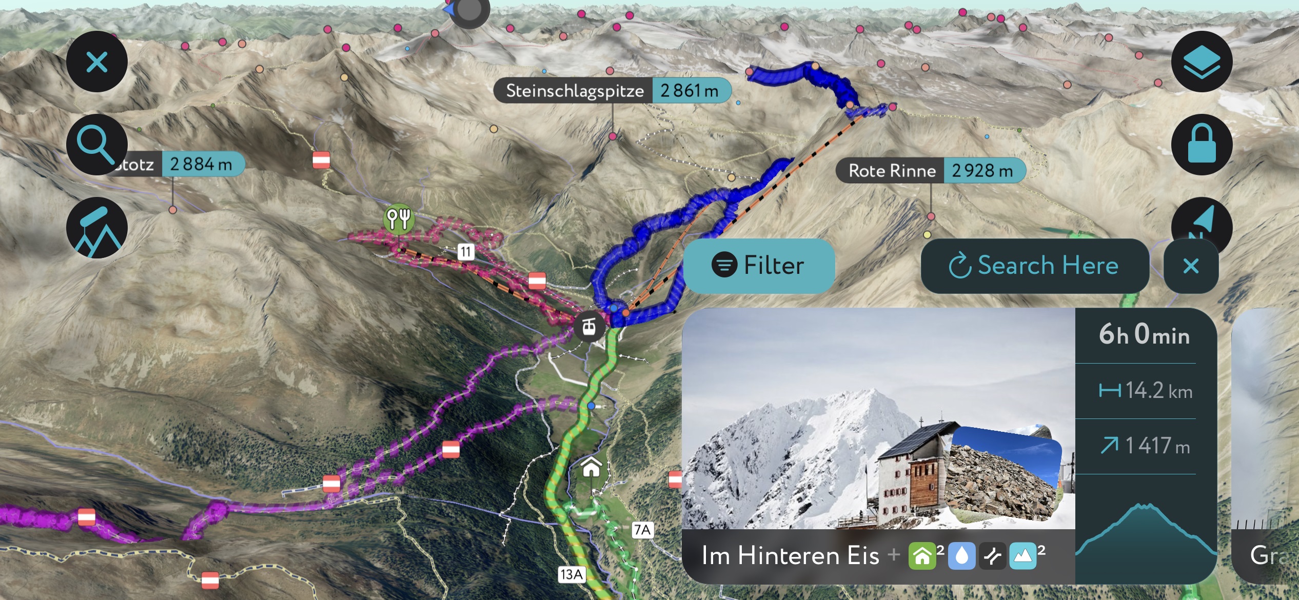 A generation of the many routes around the Palla Bianca massif using PeakVisor’s mobile app. Saldurkamm