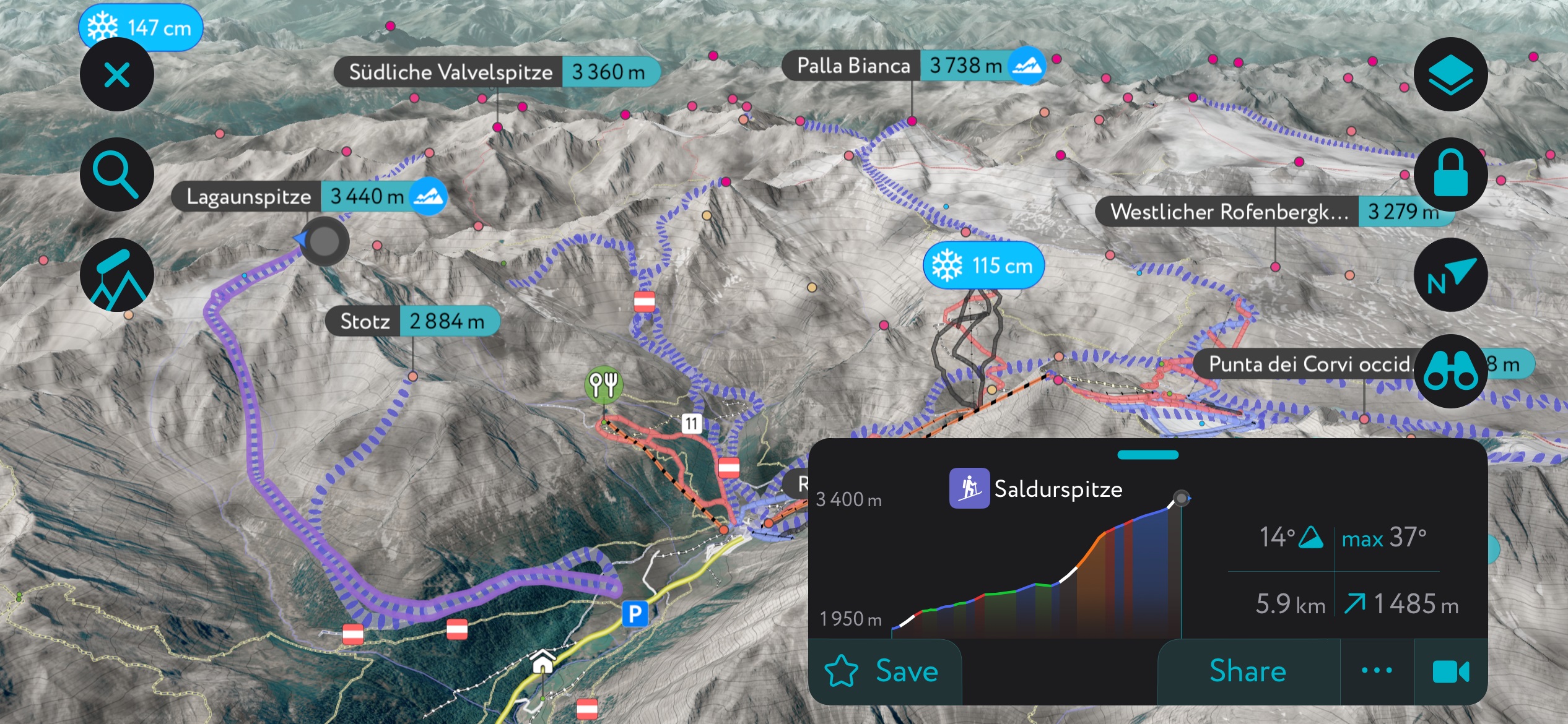 The ski route up Saldurspitze (Option 1) on the PeakVisor app in winter mode. Saldurkamm