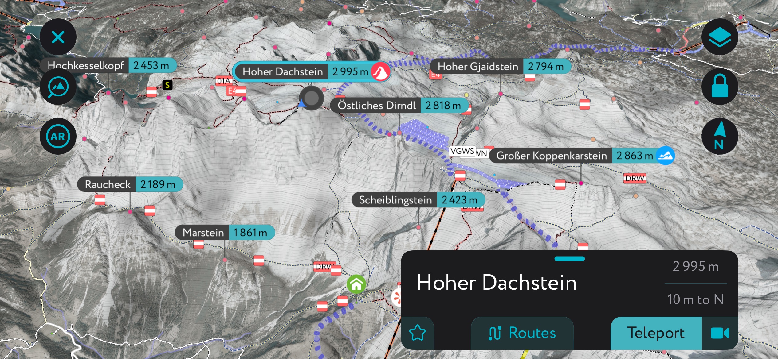 Dachstein Massif using PeakVisor’s mobile app. Salzkammergut Upper Austria
