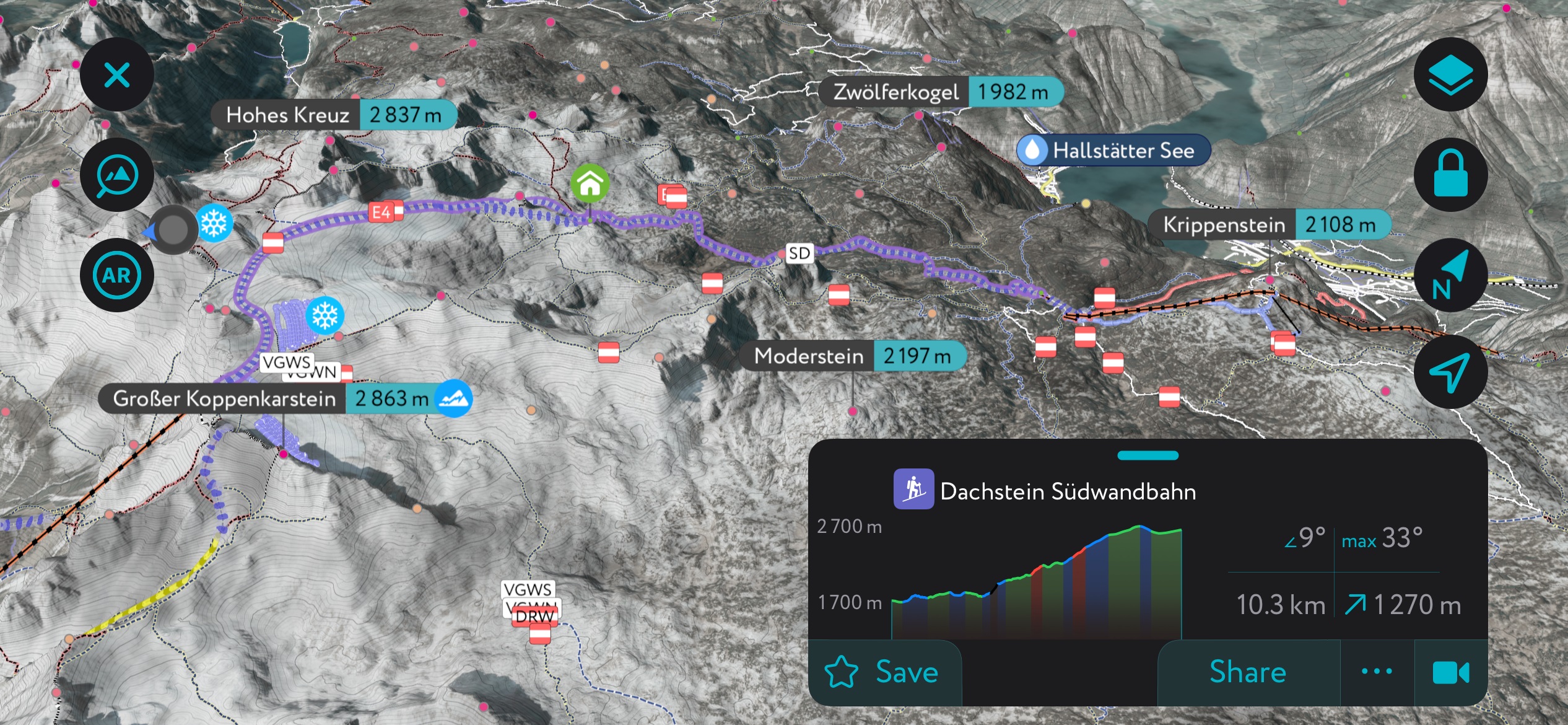 ski touring routes using PeakVisor’s mobile app. Salzkammergut Upper Austria