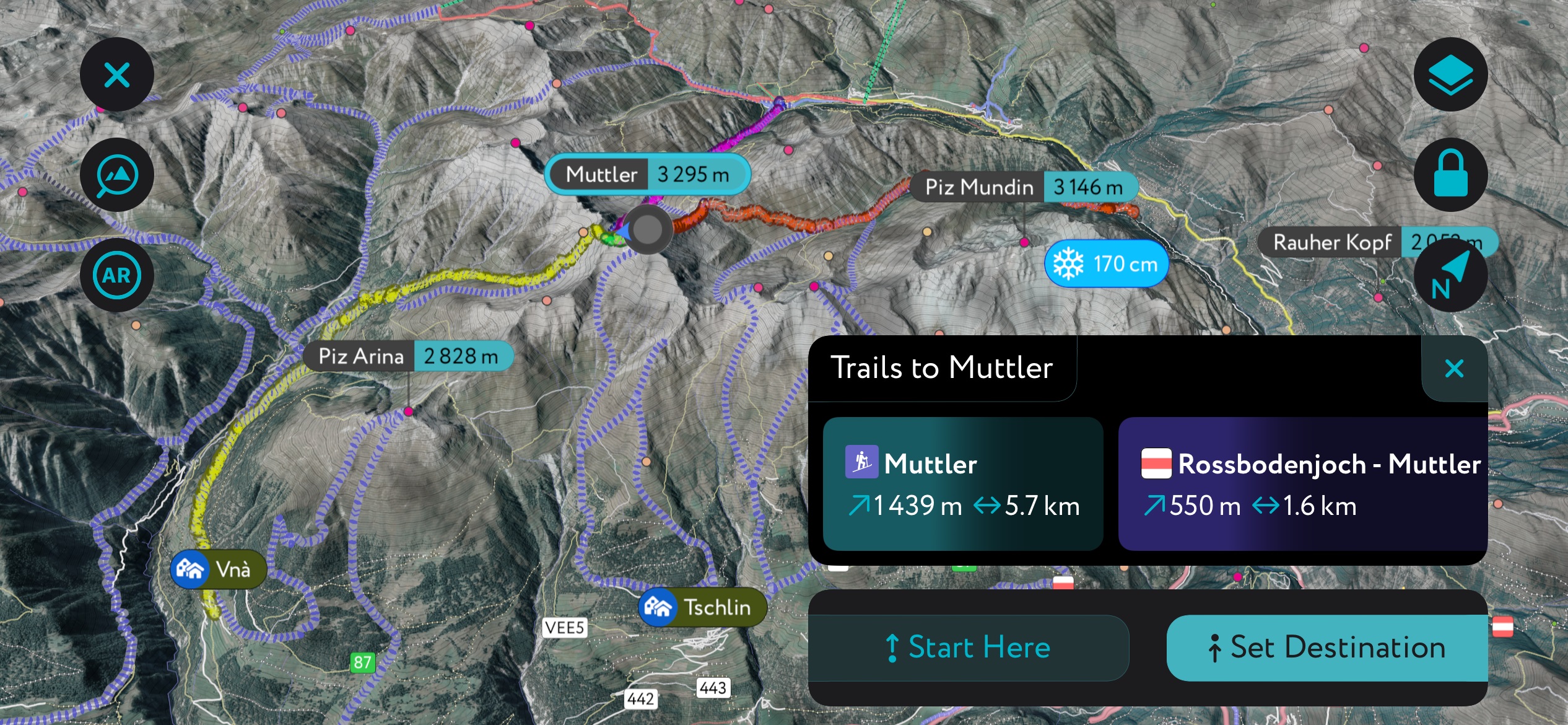 Using the PeakVisor app to map out ski tours to Muttler. Samnaun Alps
