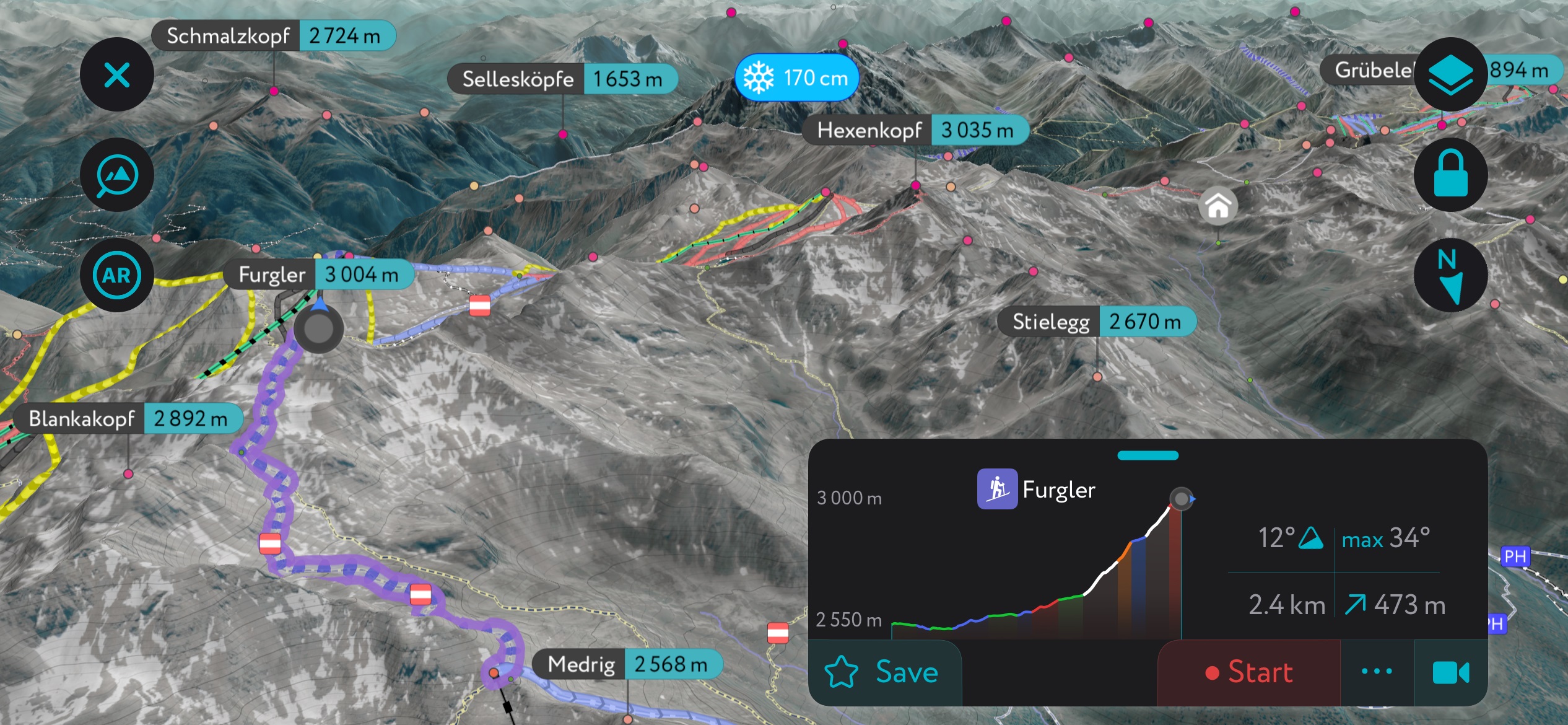 Furgler, as seen on the PeakVisor mobile app. Samnaun Alps