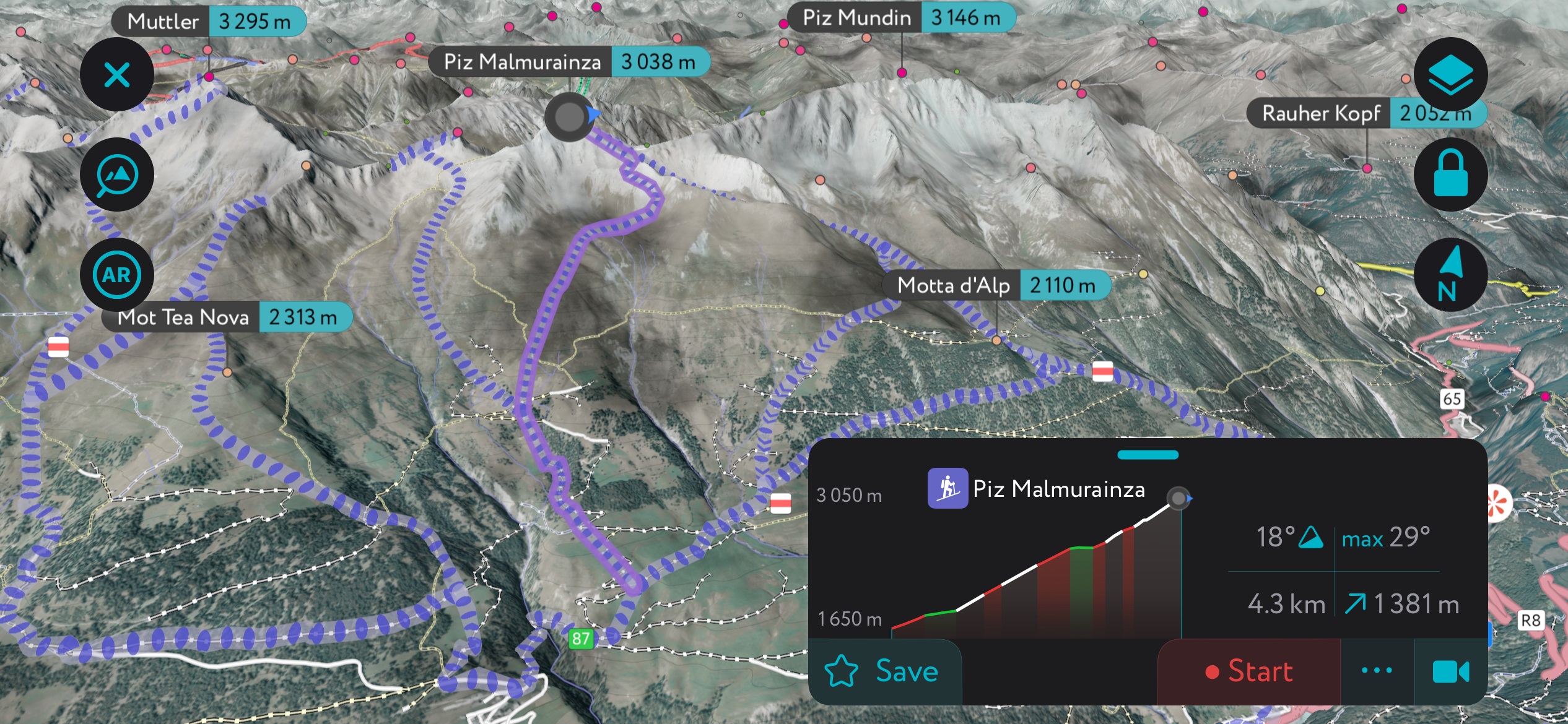 Piz Malmurainza on the PeakVisor mobile app. Samnaun Alps