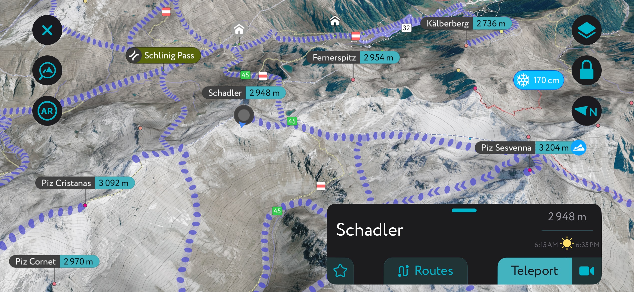 Schadler on the PeakVisor Mobile App. Sesvenna Alps