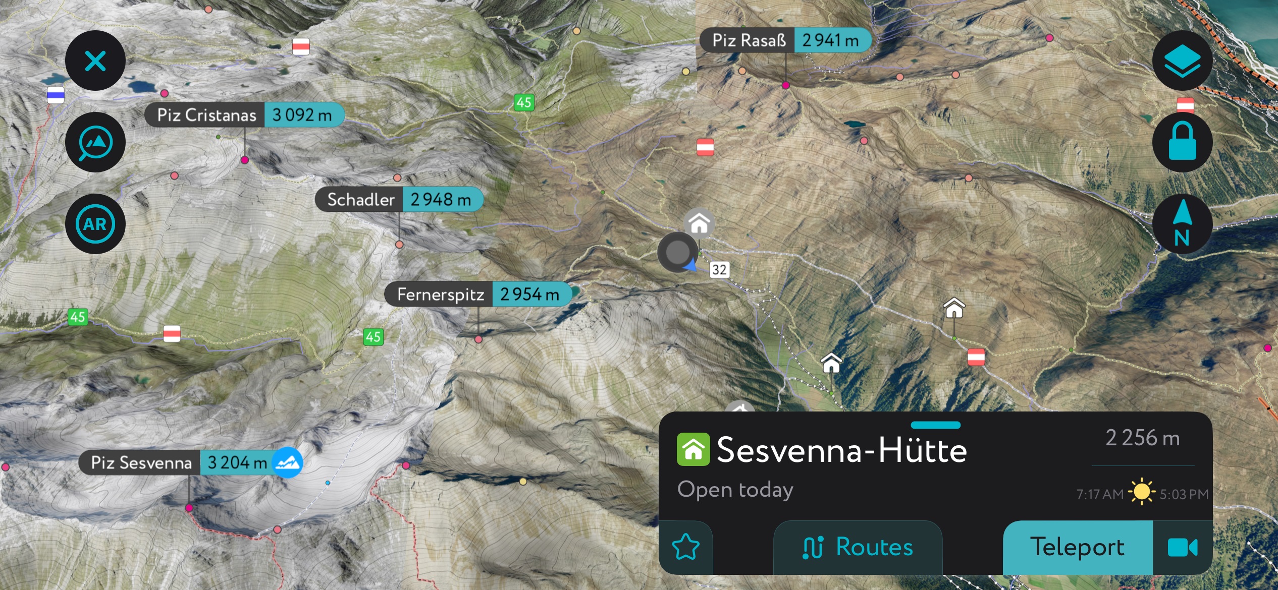 The Sesvennahütte on the PeakVisor Mobile App. Sesvenna Alps