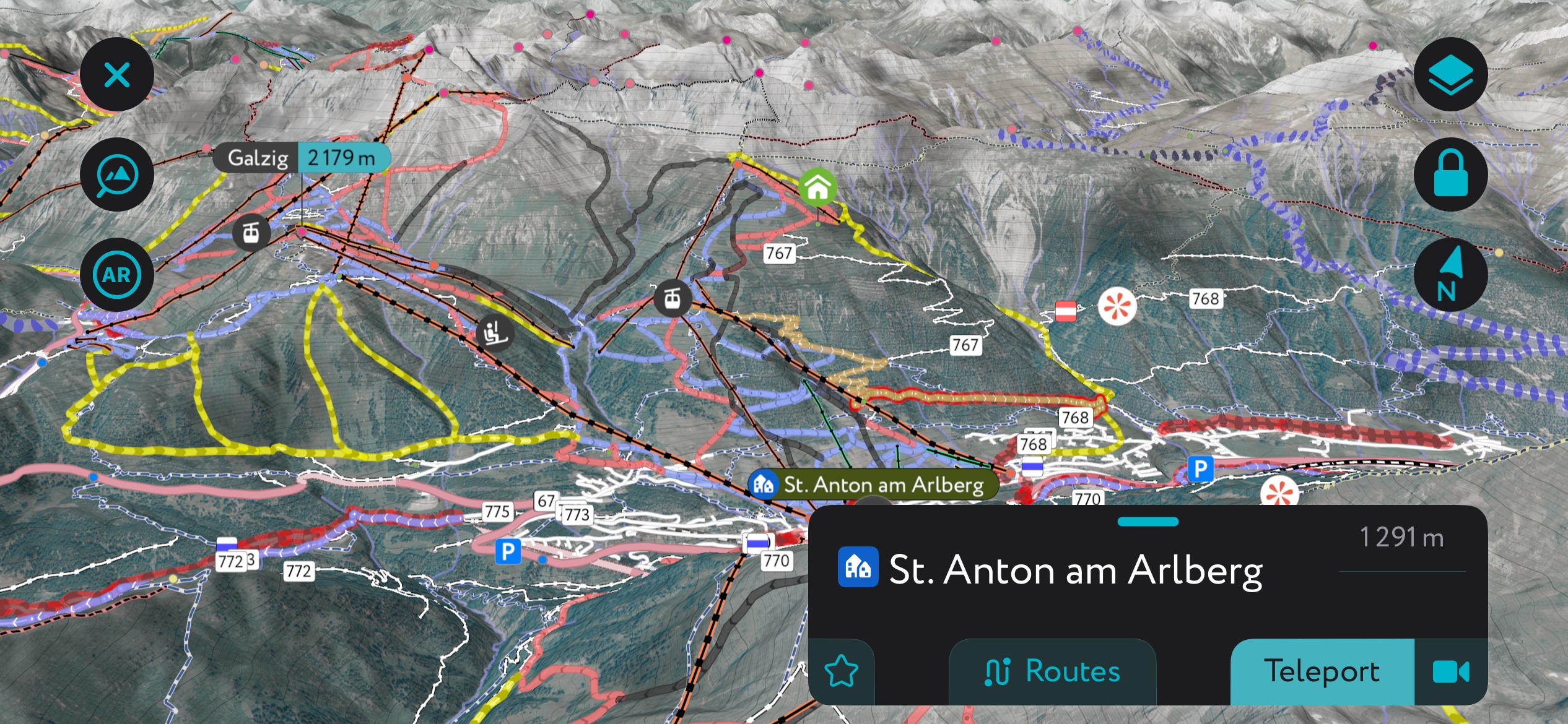 lifts, PeakVisor mobile app. Ski Arlberg