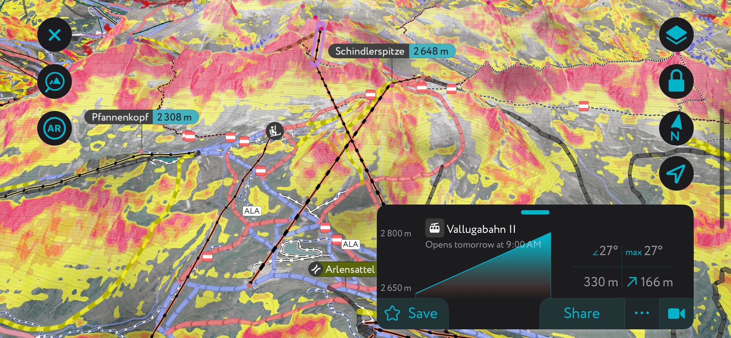 off-piste terrain, PeakVisor mobile app. Ski Arlberg