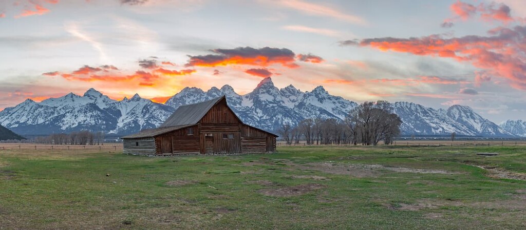 Moulton Barn during sunset in Mormon Row, Snake River Range, Idaho and Wyoming