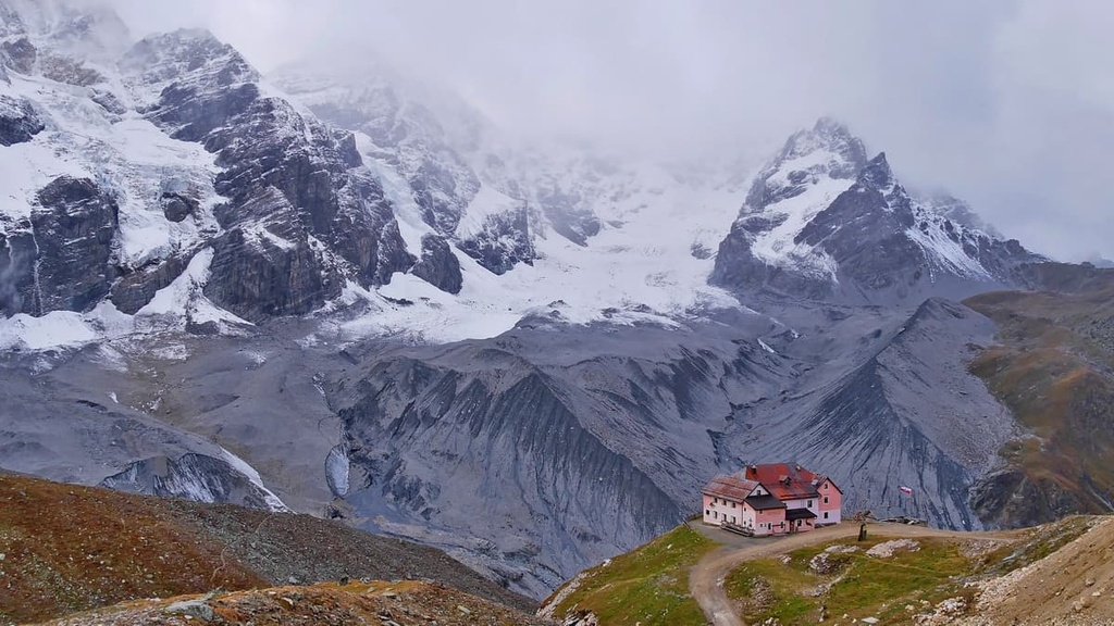  Ortler massif with glacier Suldenferner and mountain shelter Schaubachhütte, Southern Rhaetian Alps