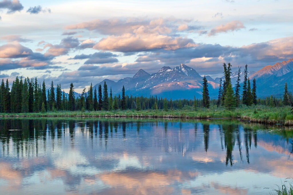 Dusk at Upper Stikine and Chukachida river confluence. Stikine Region, British Columbia