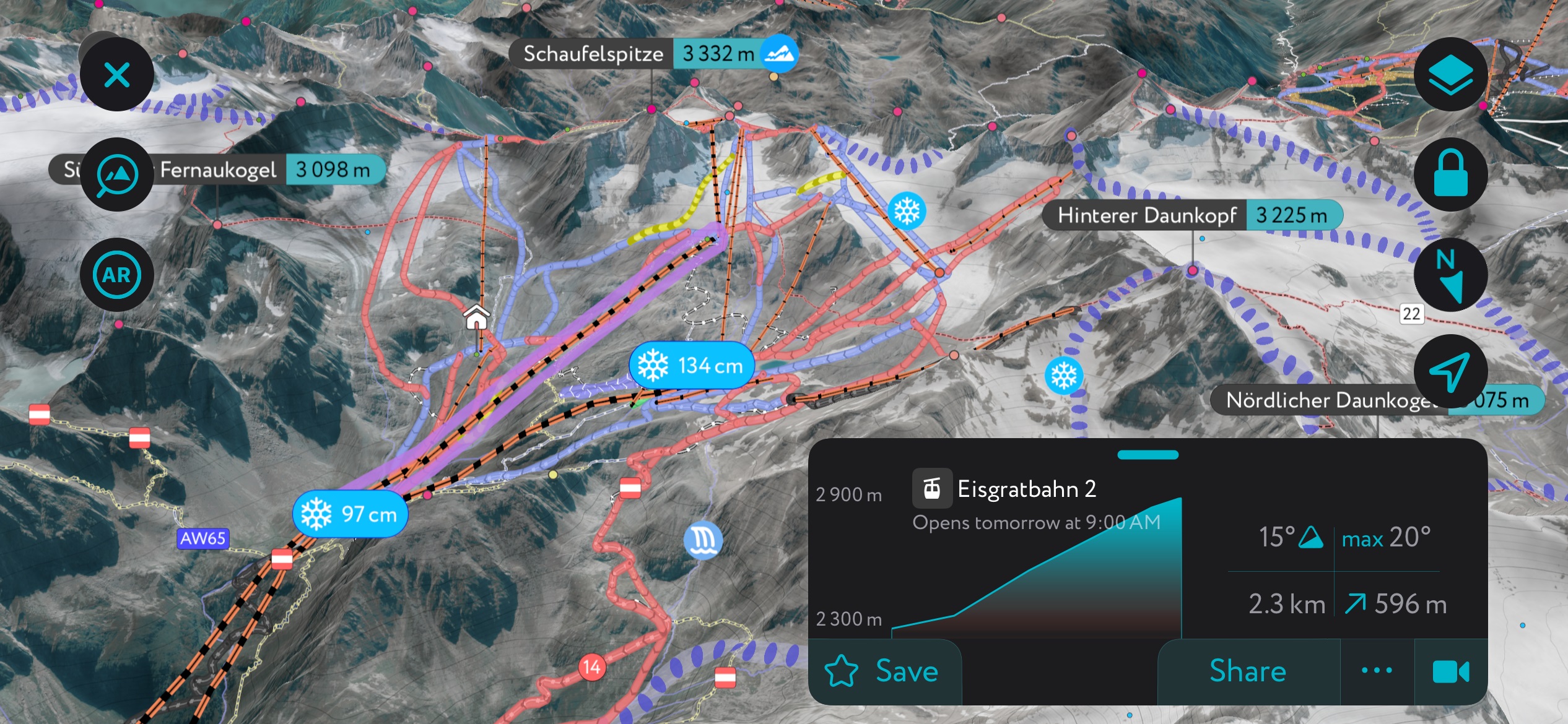 The Stubai Glacier Ski Resort on PeakVisor’s mobile app. Forget those cartoon maps provided by the resorts; it’s difficult to glean information about the mountains. Our interactive 3D Maps show pistes and even lift opening times; it’s the best way to get a mental understanding of the mountain. Moreover, you can scope out the terrain for off-piste skiing. Stubai Alps