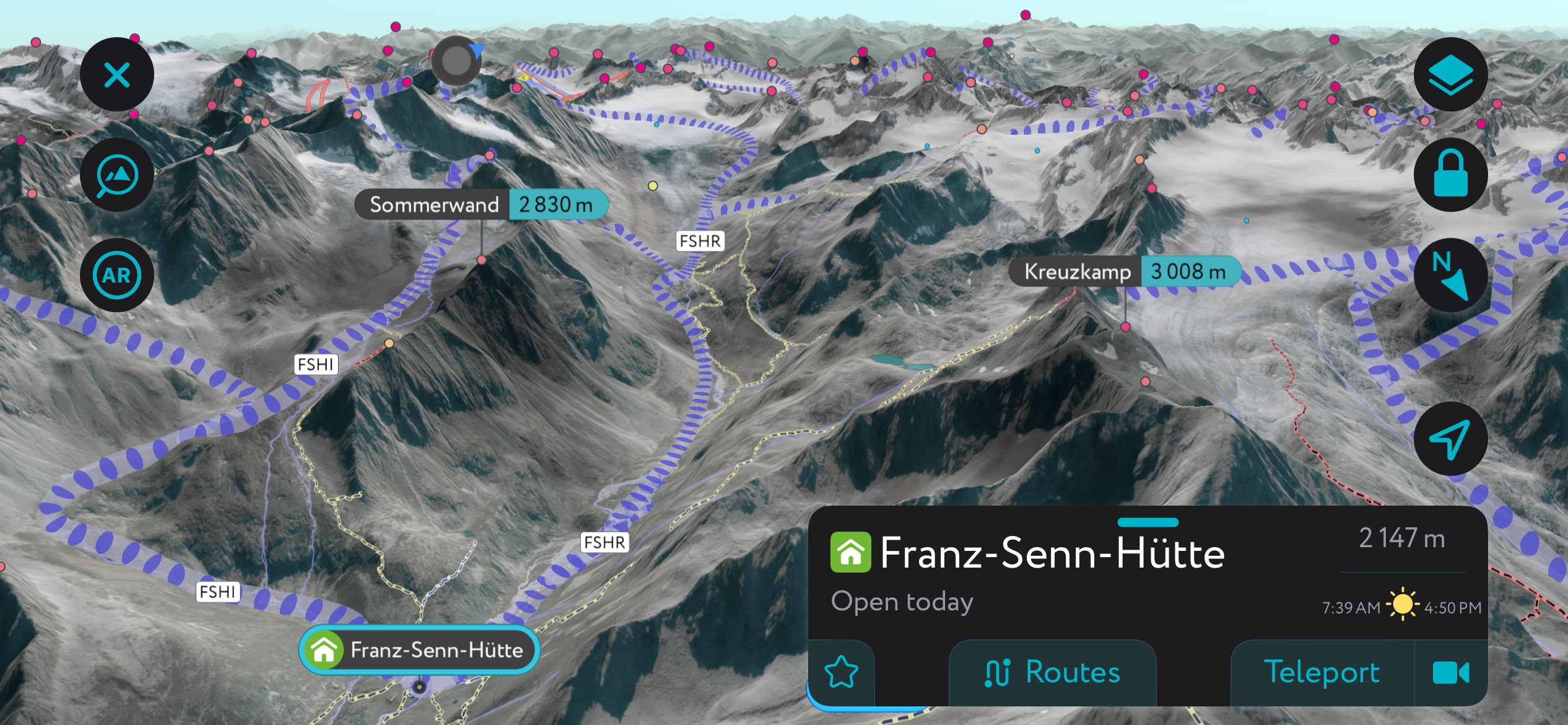 Terrain accessible from the Franz Senn Hut on PeakVisor’s mobile app. The App includes most huts in the Alps, as well as information and scheduling. Stubai Alps