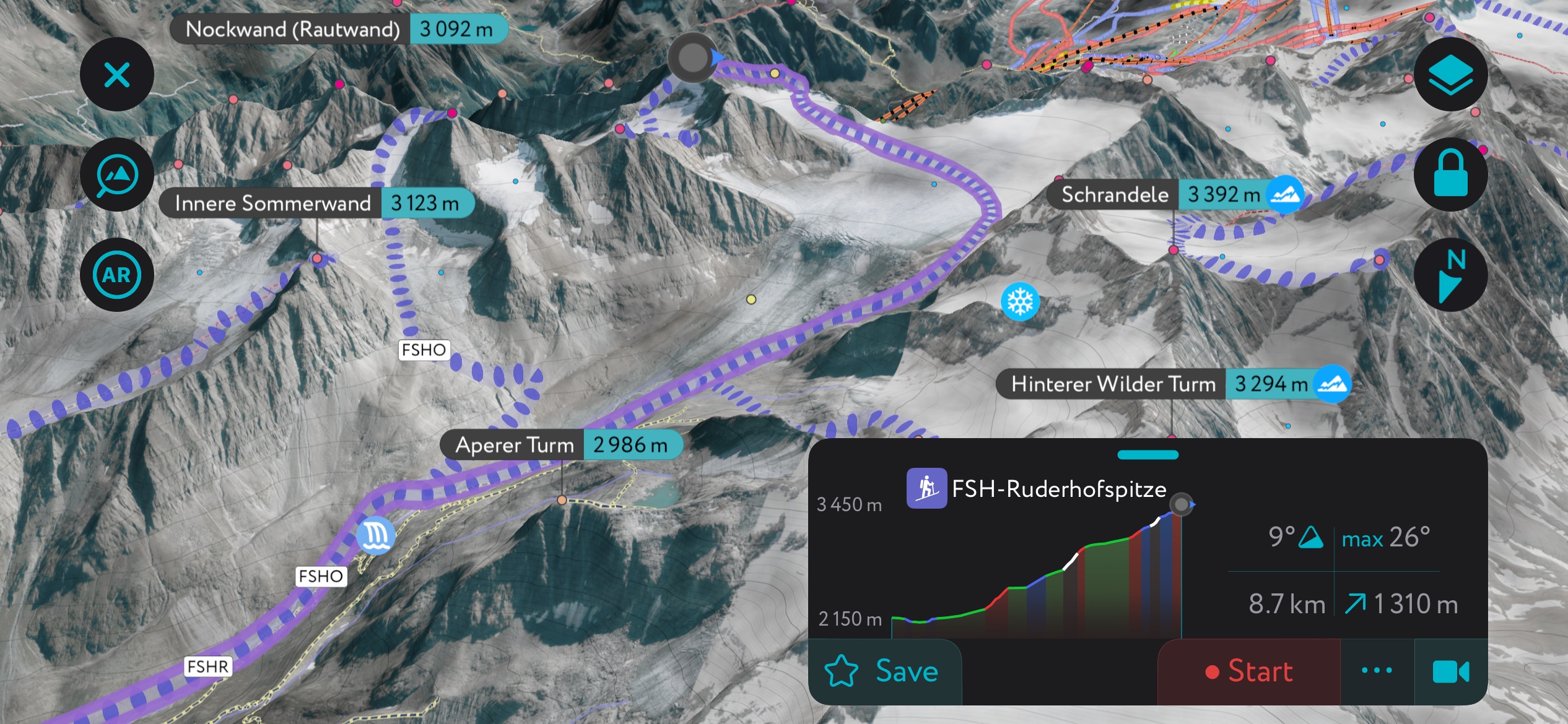 The route to the Ruderhofspitze summit from the Franz Senn Hut. In “Winter Mode,” the App features thousands of ski touring routes around the Alps, mountain refuge schedules and information, and weather station data with snow depth last snowfall, and weather forecasts. Stubai Alps