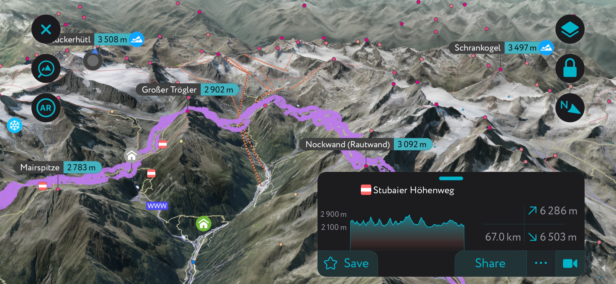 A generation of the Stubai High Trail using PeakVisor’s mobile app. Stubai Alps