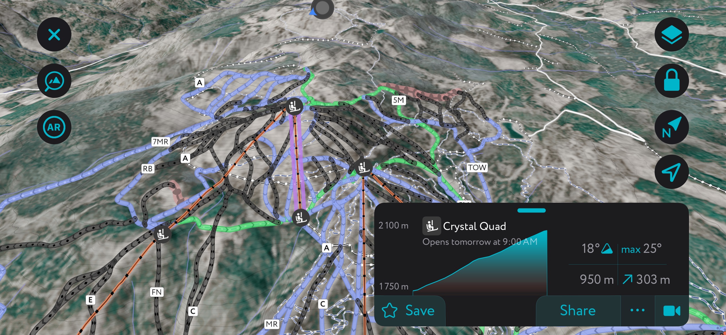 The Crystal Quad on PeakVisor’s App. The app has useful information for lifts, like opening times, length, and vertical drop. Sun Peaks Ski Resort 