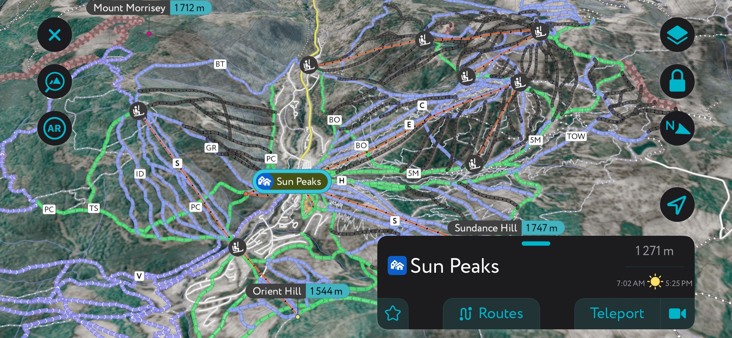 The Sun Peaks Ski Resort on PeakVisor’s mobile app.