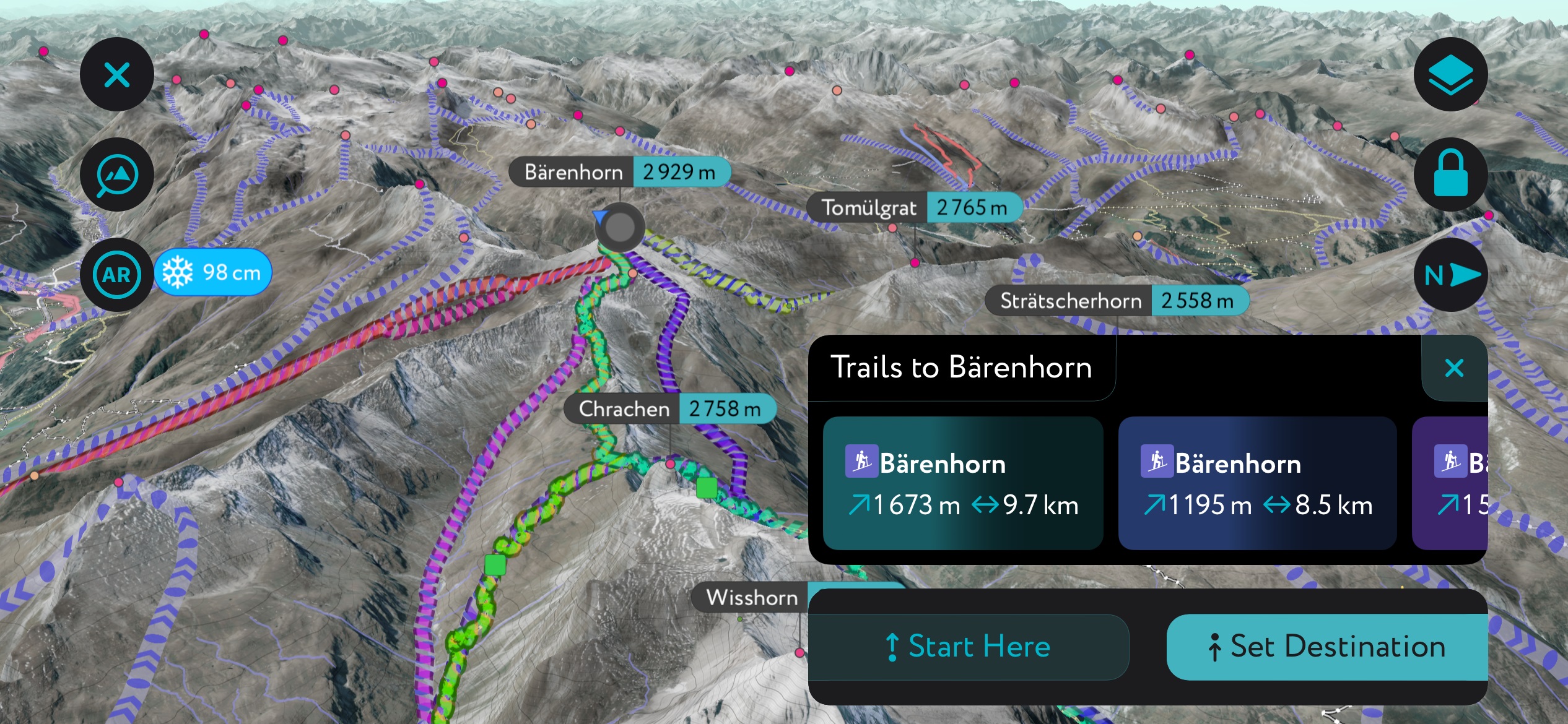 Bärenhorn ski tours on PeakVisor’s mobile app in Winter Mode. Surselva