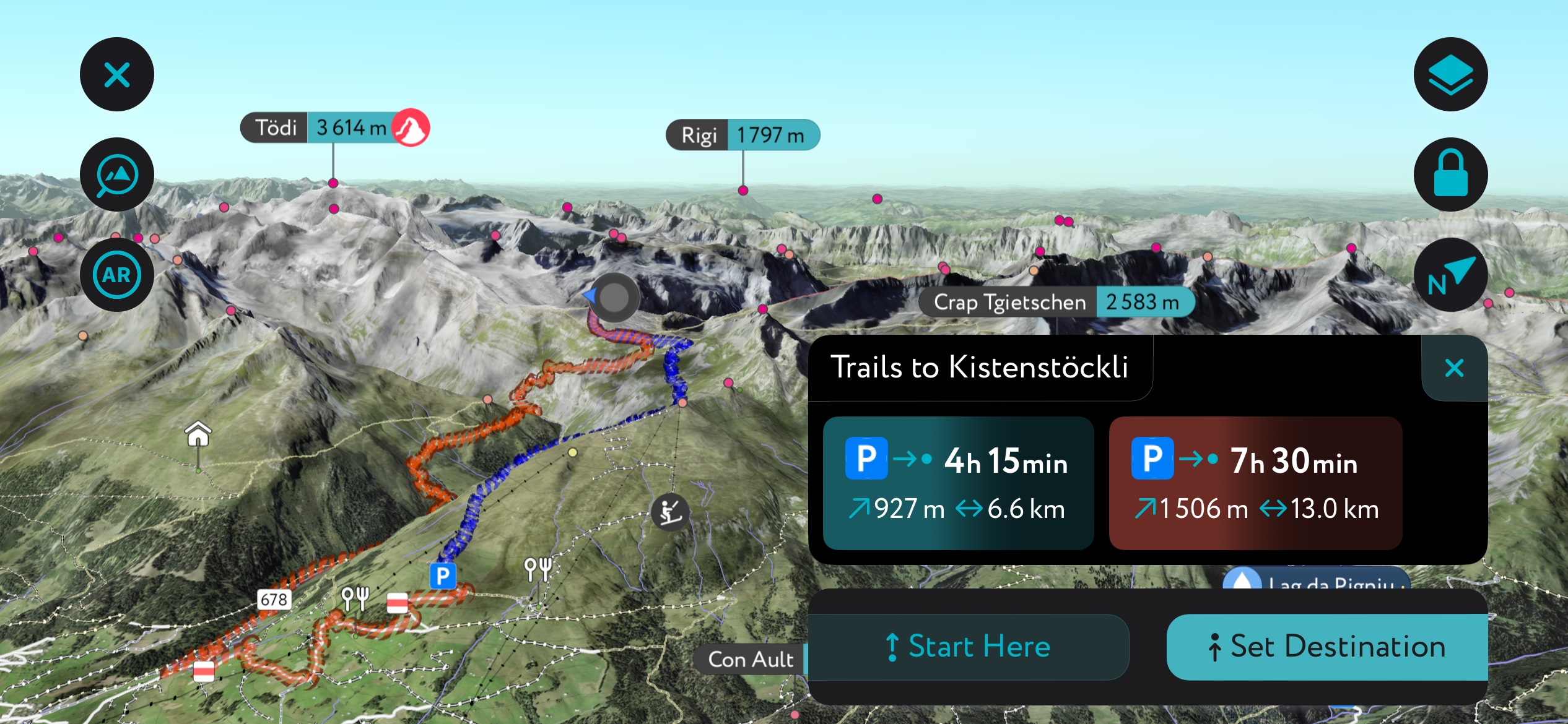 Just choose a destination, and the PeakVisor App will generate route options for your trip. Here are the possibilities for Kistenstöckli.. Surselva
