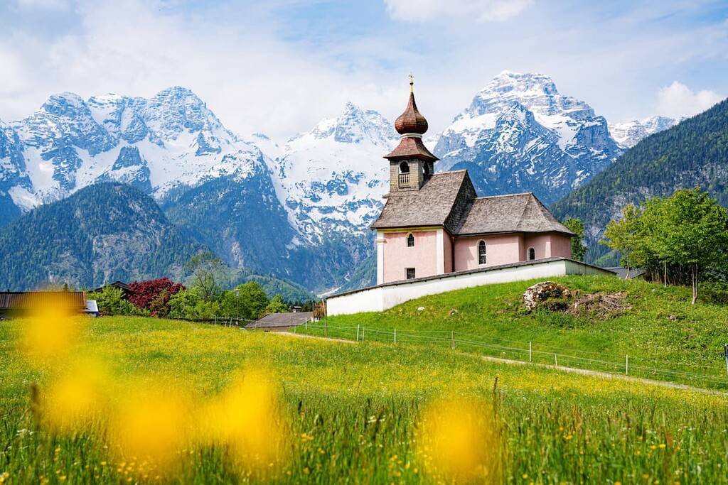Auer Kircherl, an old historical chapel in the alps near the famous old village of Lofer, Switzerland 
