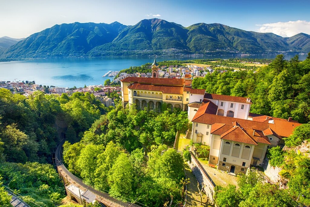 Madonna del Sasso Church above Locarno city, lake Maggiore (Lago Maggiore) and Swiss Alps in Ticino