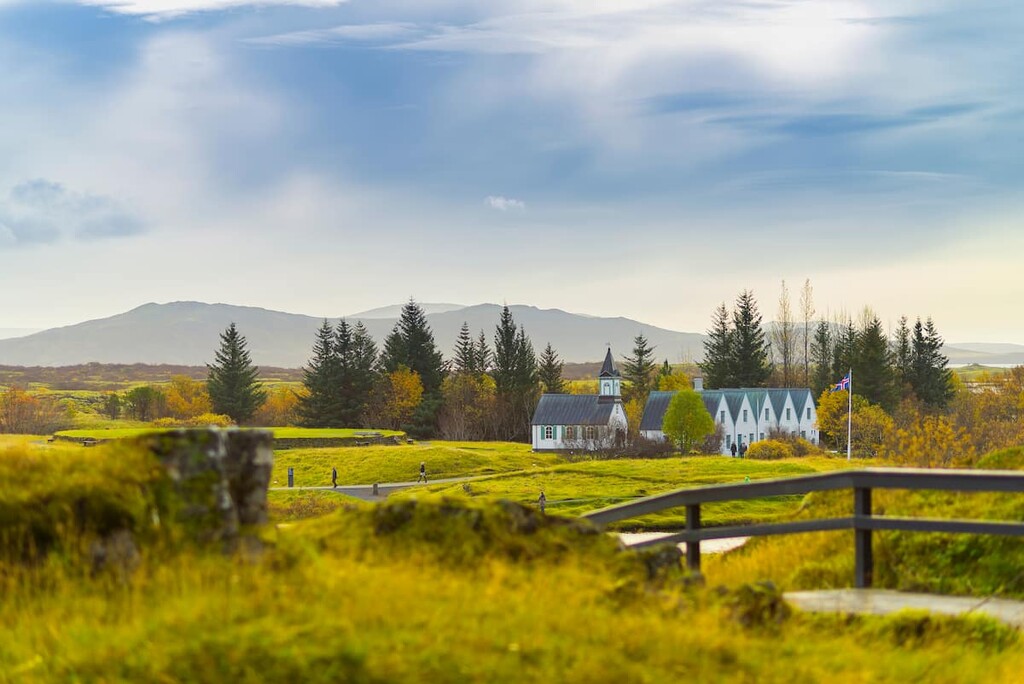 valley and a village, Thingvellir National Park, Iceland