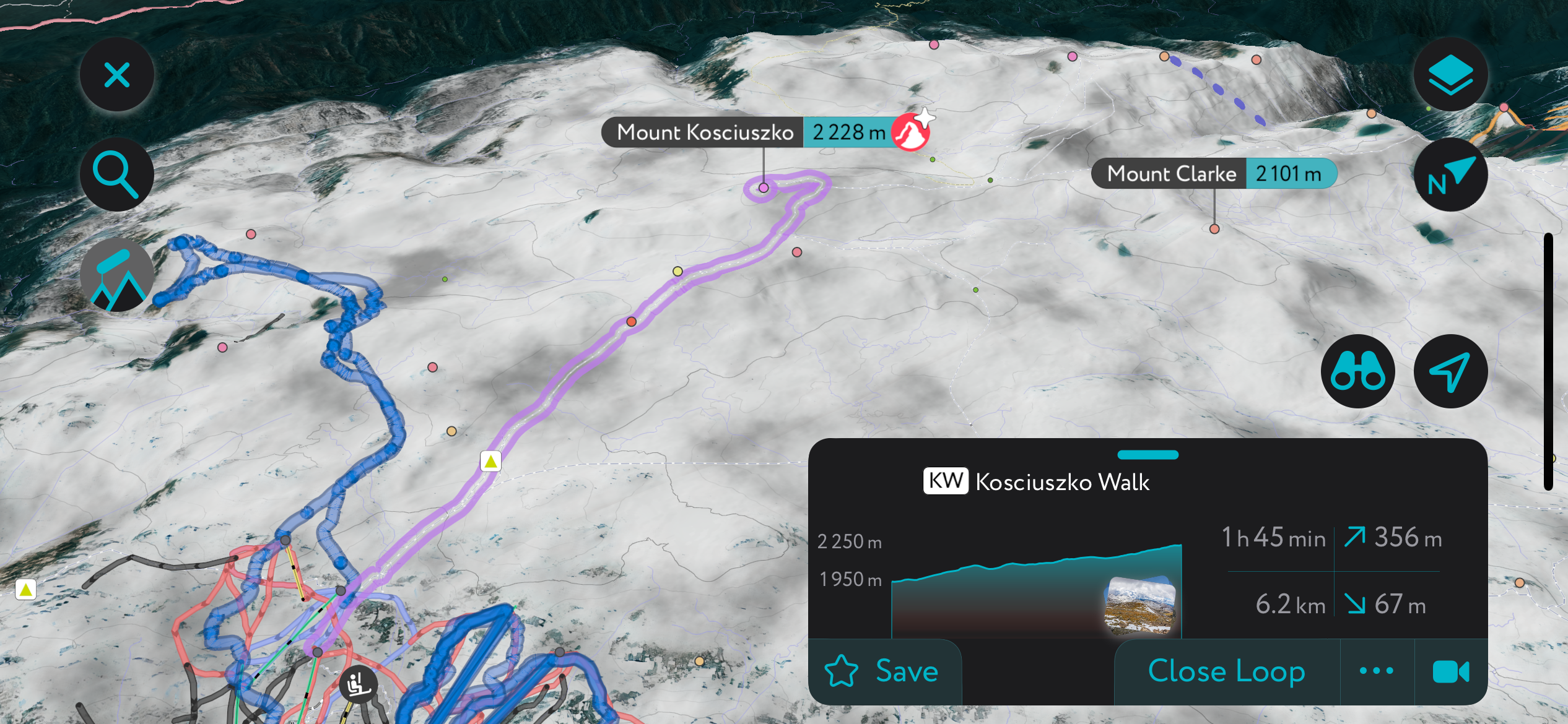 The route to Kosy on the PeakVisor app. Thredbo Ski Resort