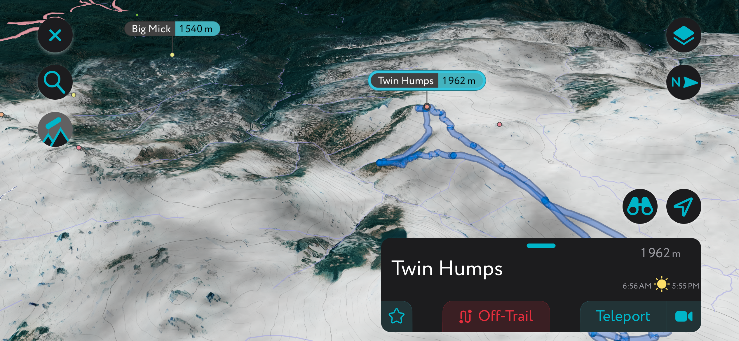 Leatherbarrel Creek with our tracked route to Twin Humps shown. Thredbo Ski Resort
