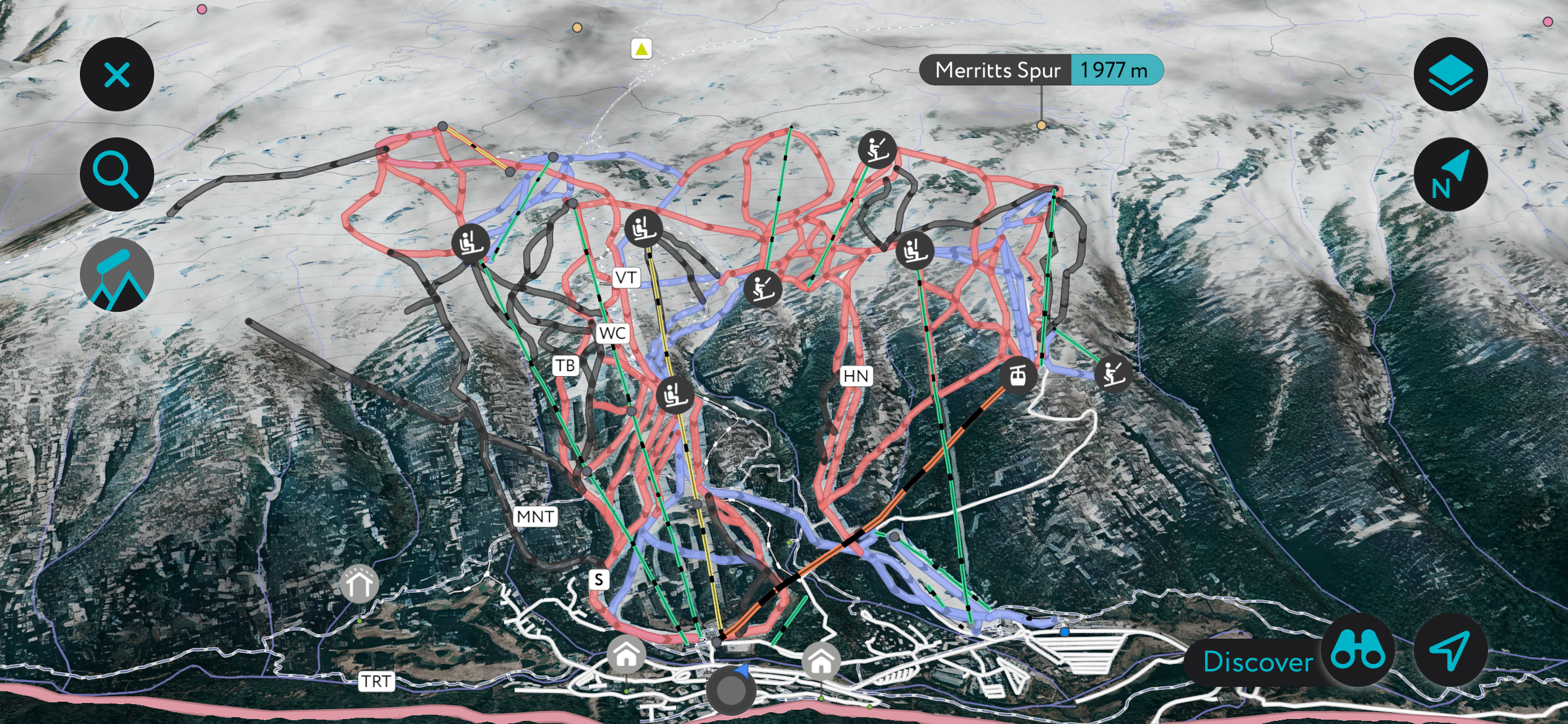 The Thredbo map on the PeakVisor app. Thredbo Ski Resort