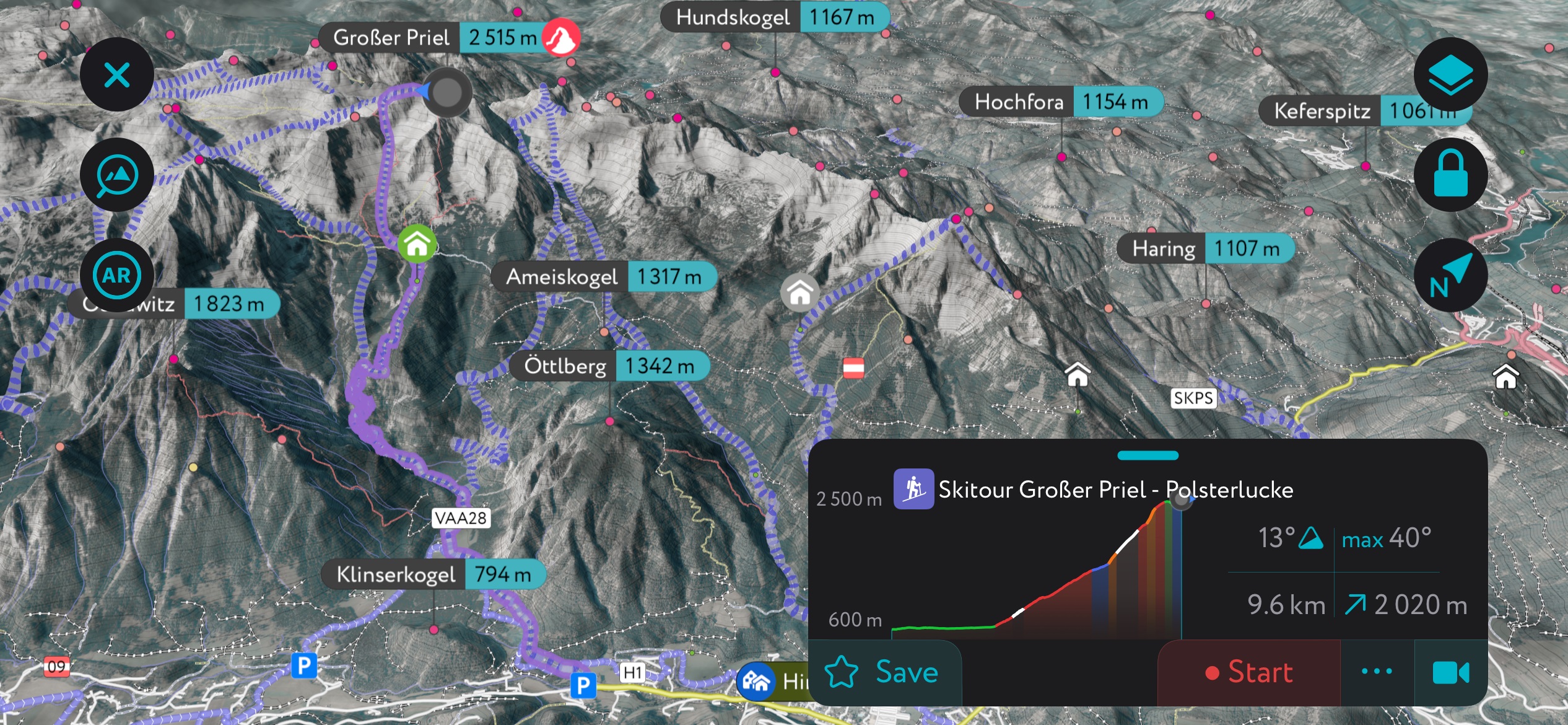 A generation of local hiking routes in the Totes Gebirge using PeakVisor’s mobile app. Totes Gebirge