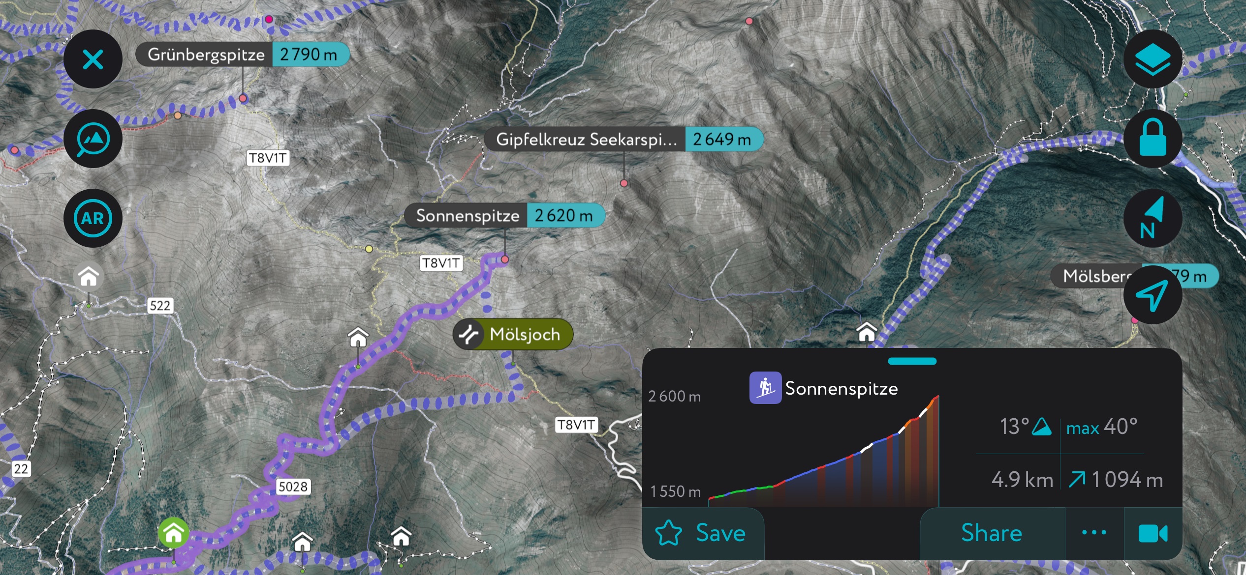 The Sonnenspitze on PeakVisor’s mobile app. Tux Alps