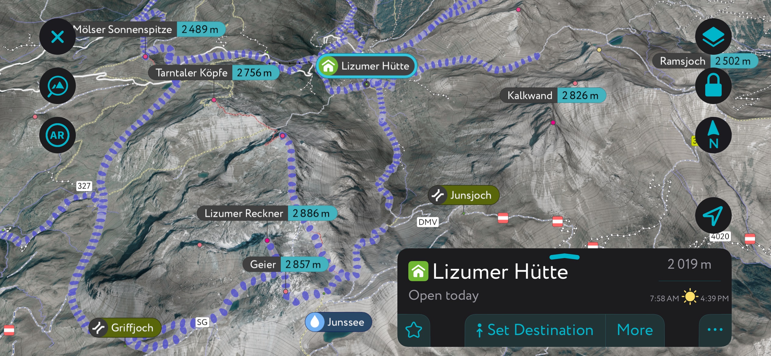 Terrain accessible from the Lizumer Hütte - including the Geier - on PeakVisor’s mobile app. Tux Alps