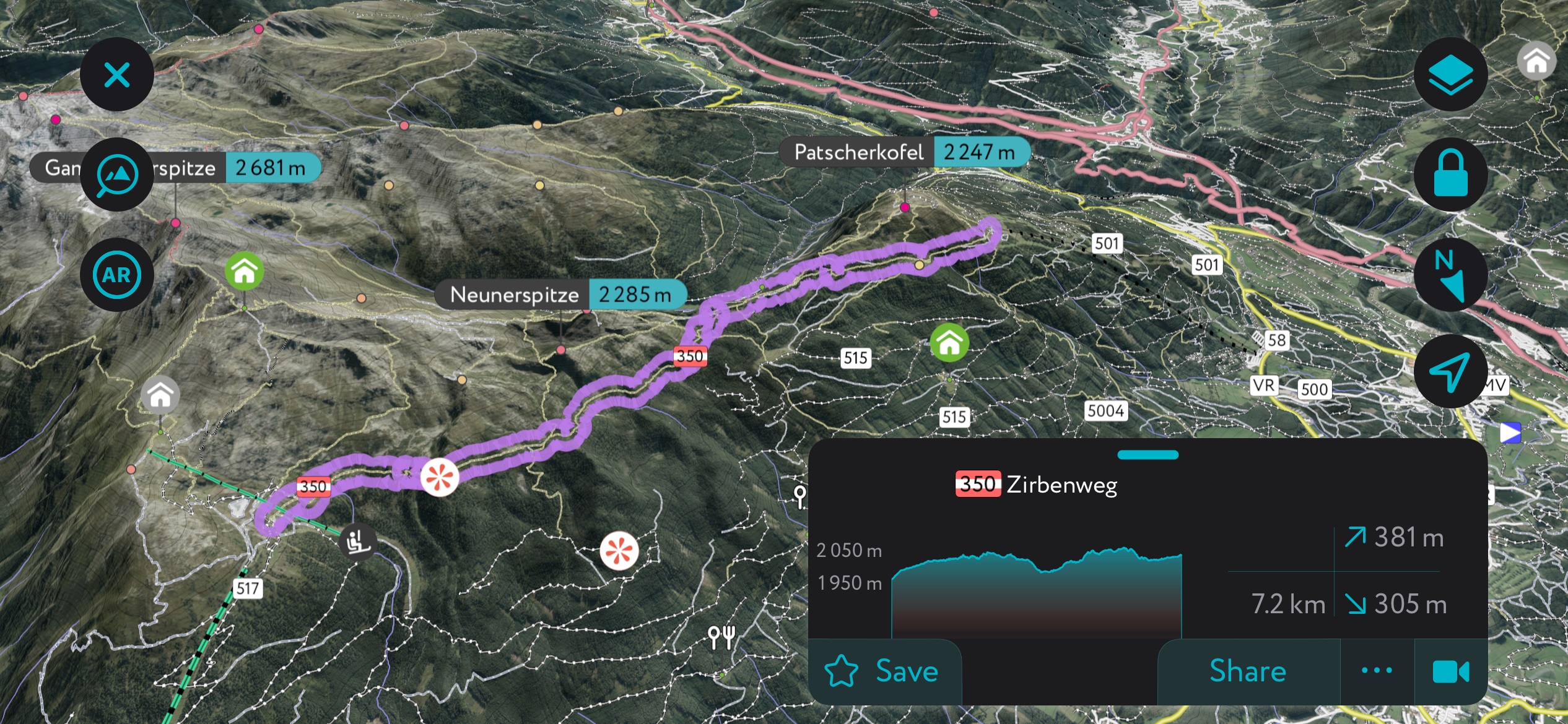 A generation of the Stone Pine Path (Zirbenweg) using PeakVisor’s mobile app.. Tux Alps