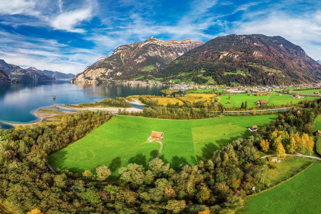 Areal view of Fluelen town, Swiss Alps, Uri, Switzerland