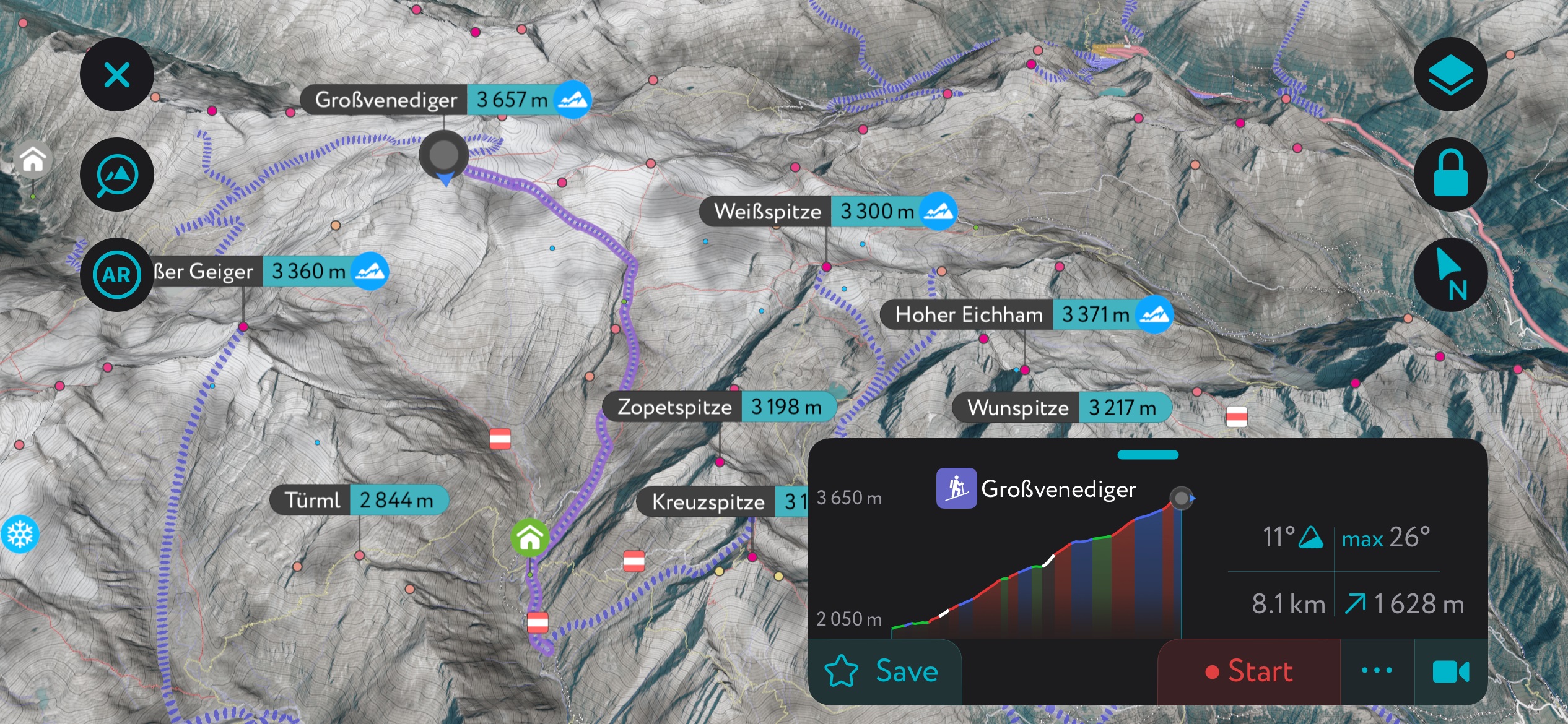 The Großvenediger on PeakVisor’s App. In winter mode, the app includes tens of thousands of backcountry ski routes, in addition to everything else. Venediger Group