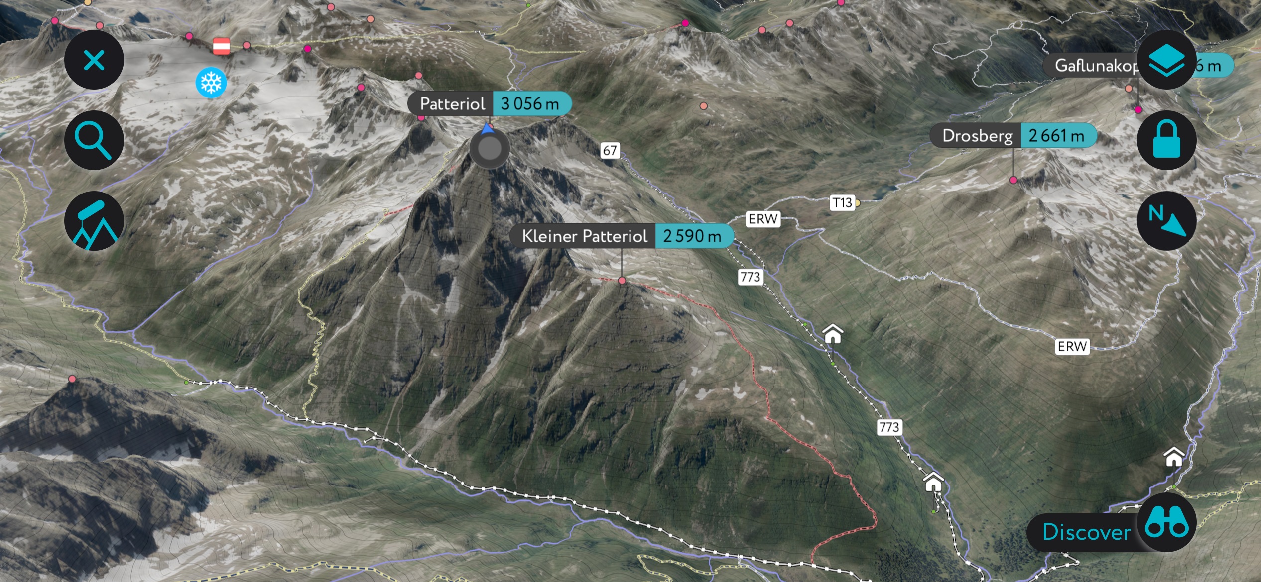 Patteriol’s imposing north face on the PeakVisor app. Verwall Alps