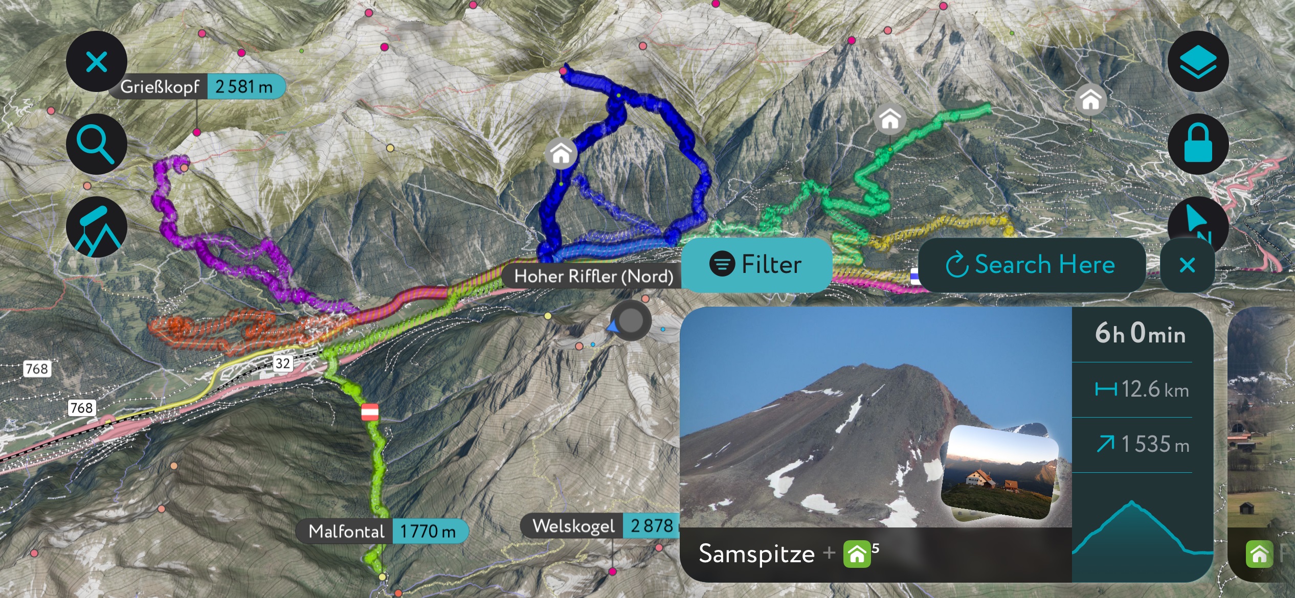 A generation of the many routes around the Hoher Riffler massif, in the center of the Verwall Alps, using PeakVisor’s mobile app. Verwall Alps