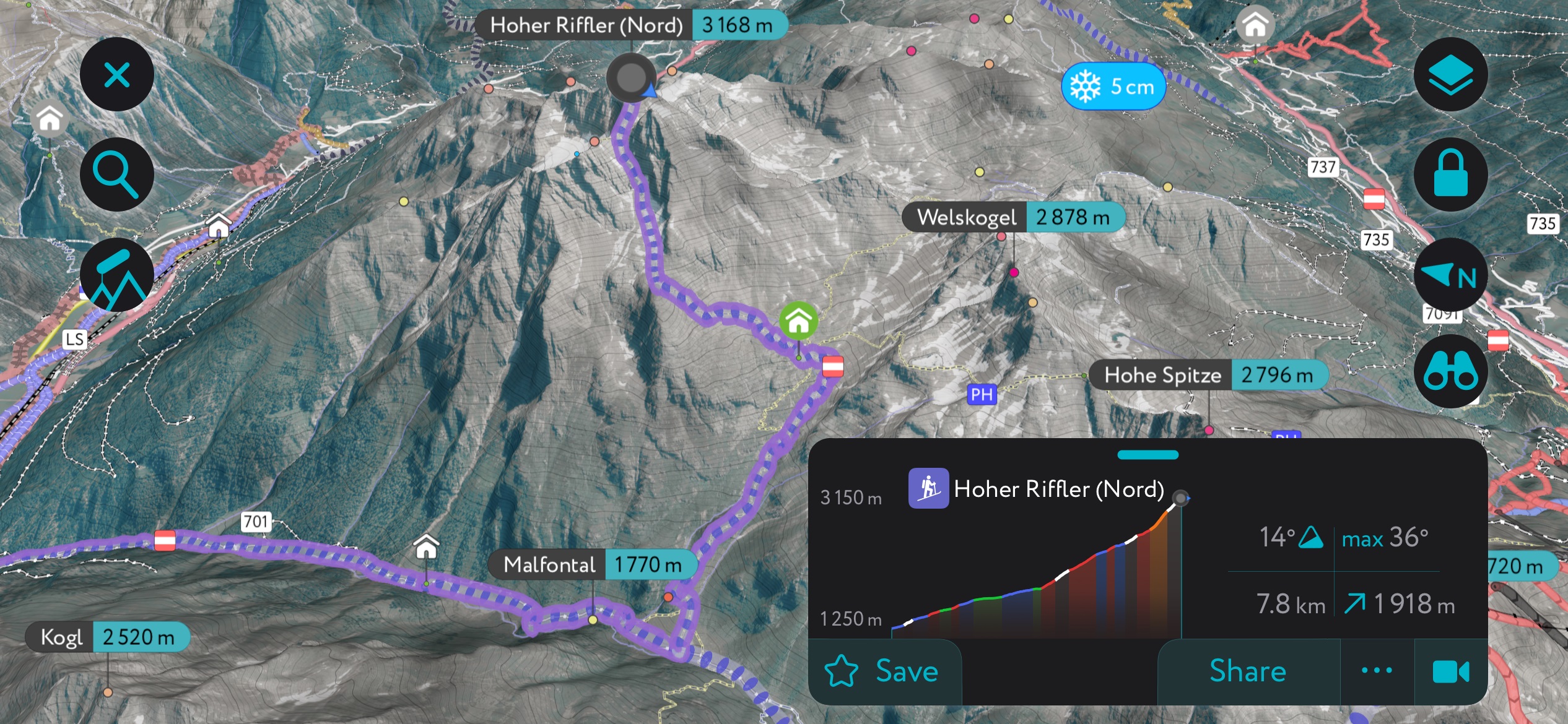 The route up Hoher Riffler shown on the PeakVisor app. Verwall Alps