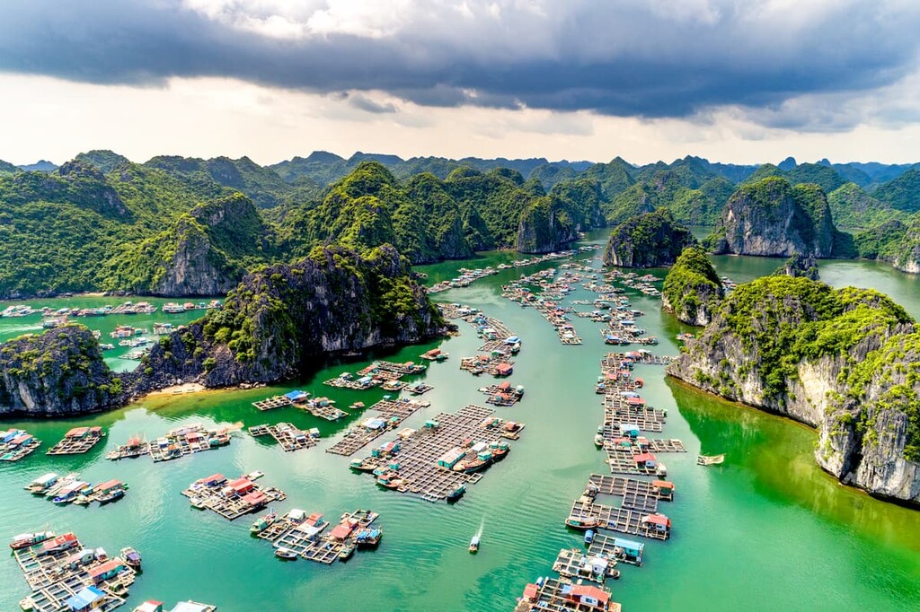 Floating fishing village and rock island in  Lan Ha  Bay, Hai Phong, Vietnam
