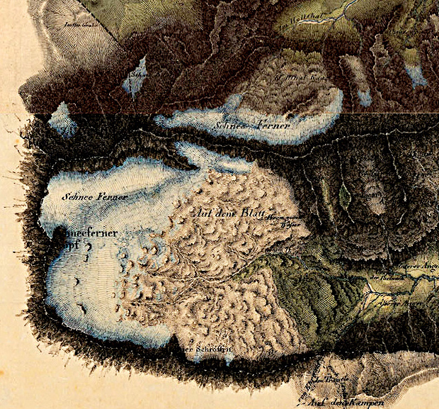 An 1826 map of the glaciers of the Zugspitze. The ice has now dwindled to a fraction of its former size. Wetterstein