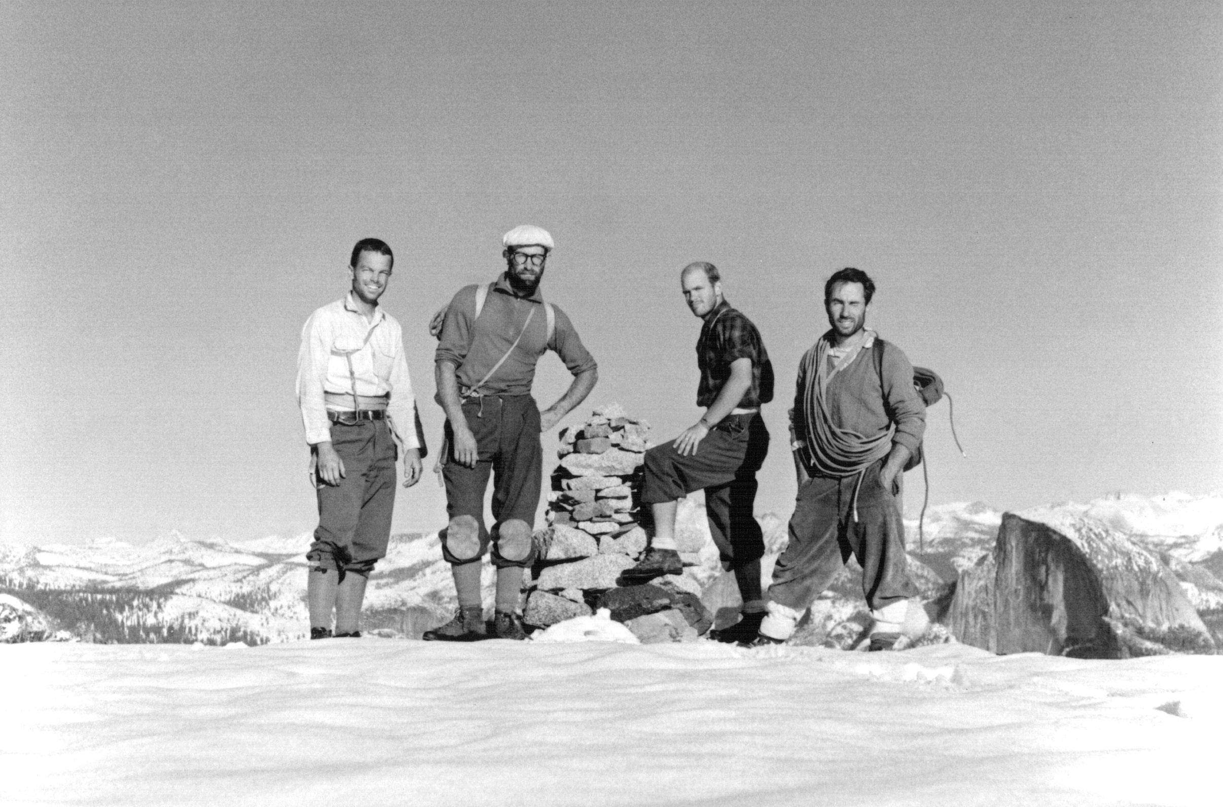 Tom Frost, Royal Robbins, Chuck Pratt, and Yvon Chouinard pose for a legendary photo atop El Capitan after their ascent of the North American Wall in ‘64. Yosemite, California, USA