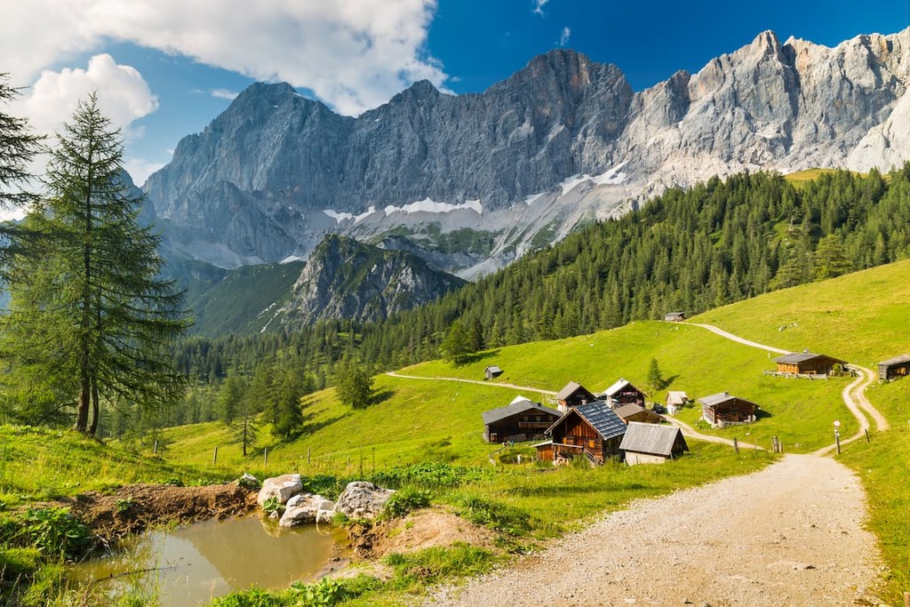 Mountain village close to Hoher Dachstein, Neustattalm in traditional Austrian style, Salzkammergut and Upper Austria Alps