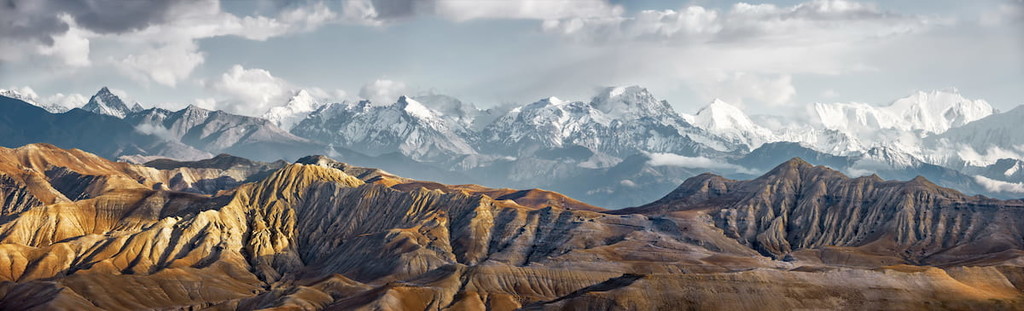 Panoramic view of the snowy mountains in Upper Mustang, Annapurna Nature Reserve, trekking route, Nepal